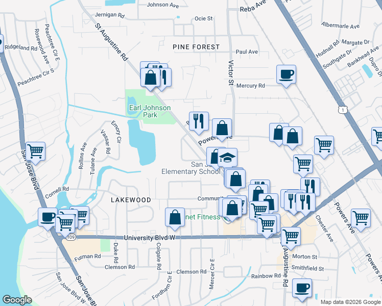map of restaurants, bars, coffee shops, grocery stores, and more near 5587 Bishop Circle in Jacksonville