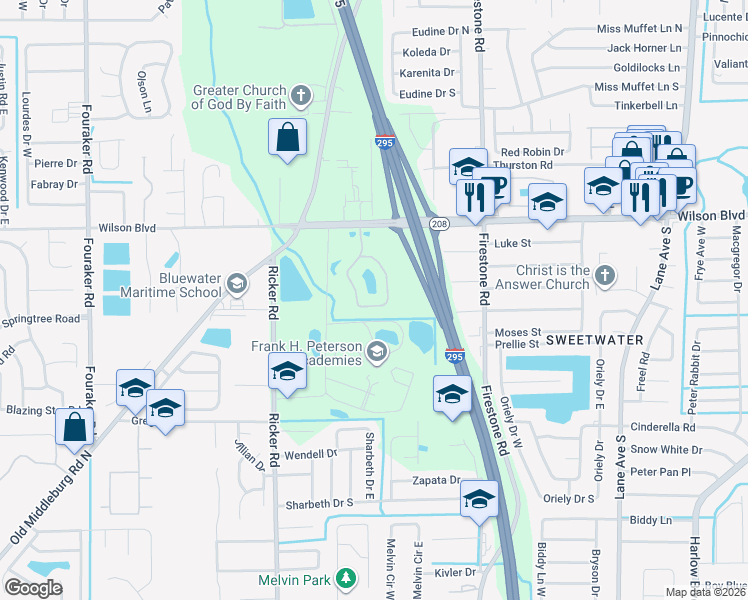 map of restaurants, bars, coffee shops, grocery stores, and more near 3671 Kirkpatrick Circle in Jacksonville