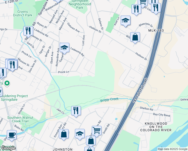 map of restaurants, bars, coffee shops, grocery stores, and more near 5707 Tura Lane in Austin
