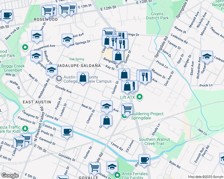 map of restaurants, bars, coffee shops, grocery stores, and more near 1122 3/4 Gunter Street in Austin