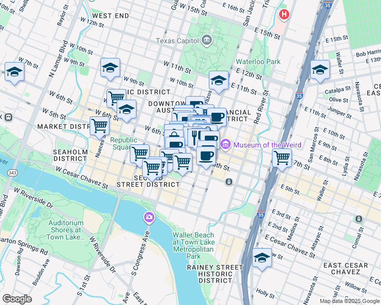 map of restaurants, bars, coffee shops, grocery stores, and more near 501 Brazos Street in Austin