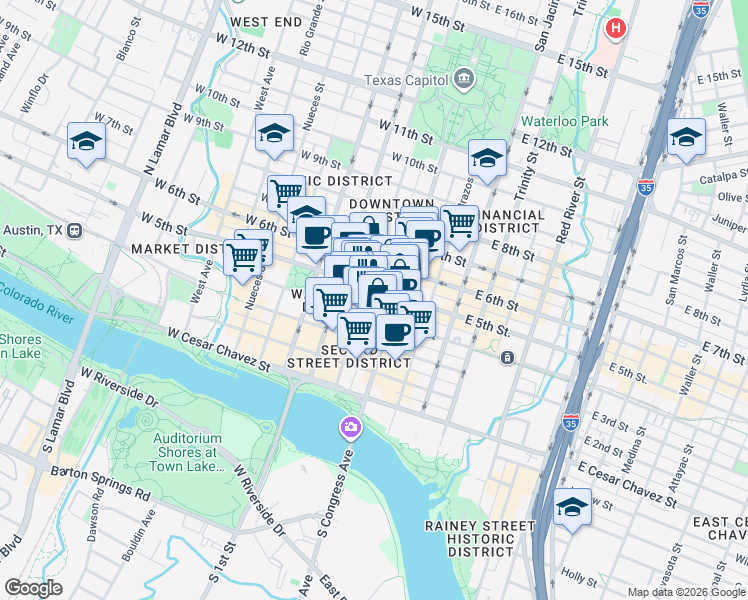 map of restaurants, bars, coffee shops, grocery stores, and more near 407 Colorado Street in Austin