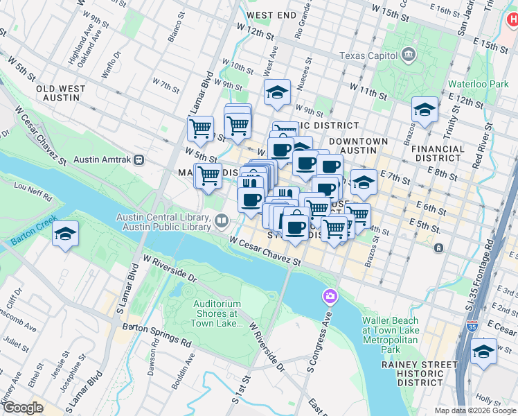 map of restaurants, bars, coffee shops, grocery stores, and more near 311 Nueces Street in Austin