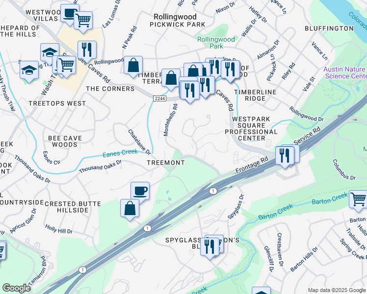 map of restaurants, bars, coffee shops, grocery stores, and more near 2804 Montebello Road in Austin