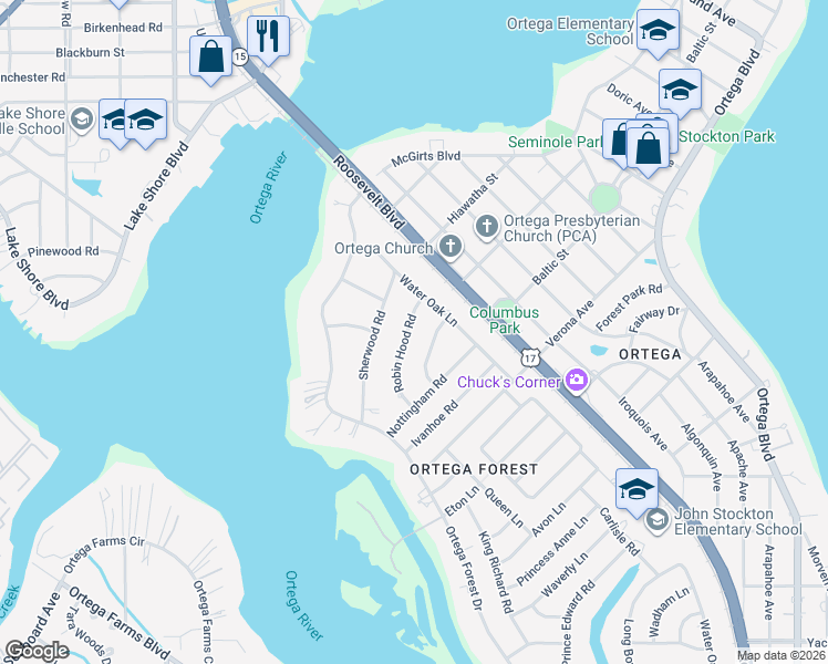 map of restaurants, bars, coffee shops, grocery stores, and more near 4141 Robin Hood Road in Jacksonville