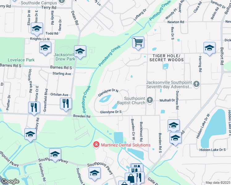 map of restaurants, bars, coffee shops, grocery stores, and more near 7226 Glendyne Drive North in Jacksonville
