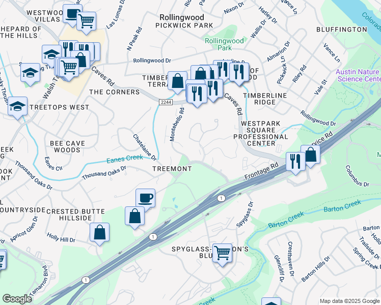 map of restaurants, bars, coffee shops, grocery stores, and more near 2804 Montebello Road in Austin