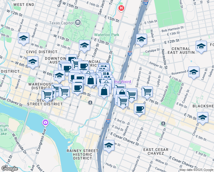 map of restaurants, bars, coffee shops, grocery stores, and more near 703 East 7th Street in Austin