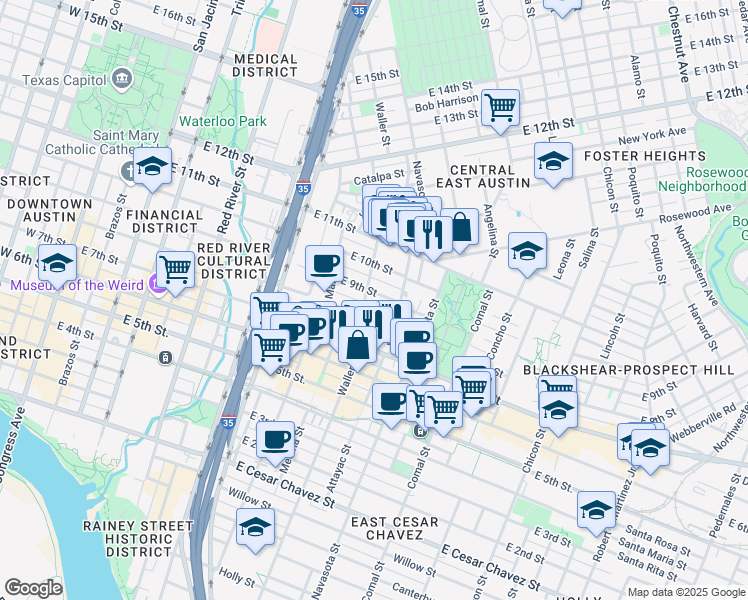 map of restaurants, bars, coffee shops, grocery stores, and more near 1103 East 9th Street in Austin