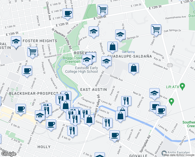 map of restaurants, bars, coffee shops, grocery stores, and more near 3008 Webberville Road in Austin