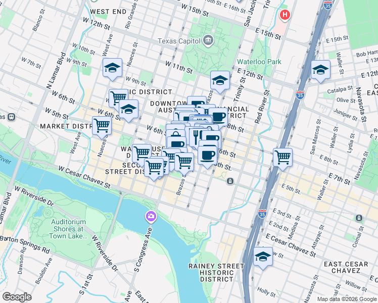 map of restaurants, bars, coffee shops, grocery stores, and more near 501 Brazos Street in Austin