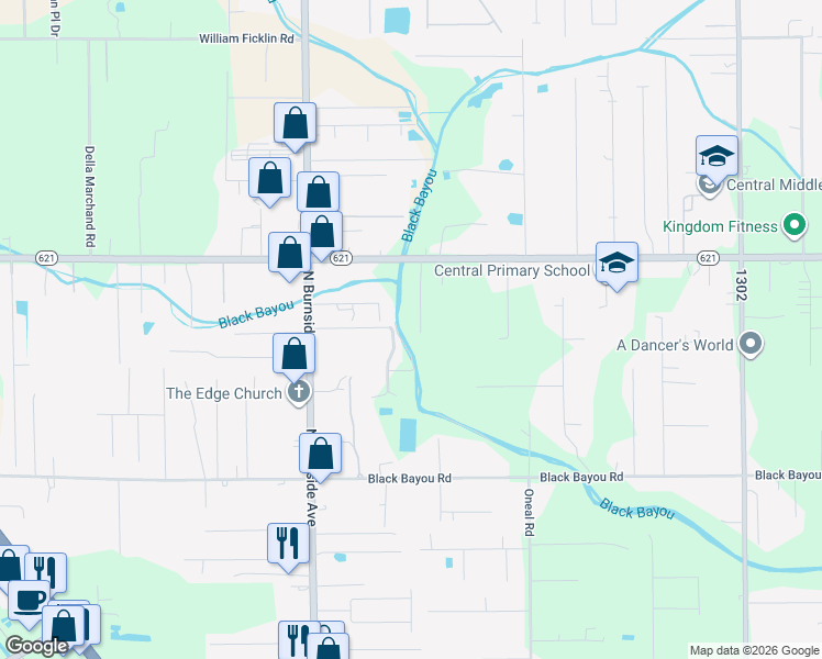map of restaurants, bars, coffee shops, grocery stores, and more near 41125 Louisiana 621 in Gonzales