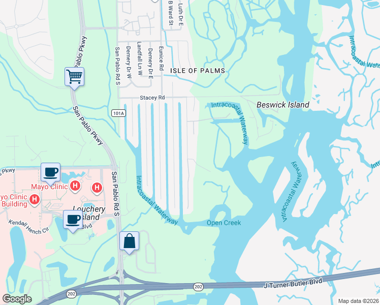 map of restaurants, bars, coffee shops, grocery stores, and more near 4321 Seabreeze Drive in Jacksonville