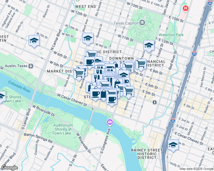 map of restaurants, bars, coffee shops, grocery stores, and more near 218 West 4th Street in Austin