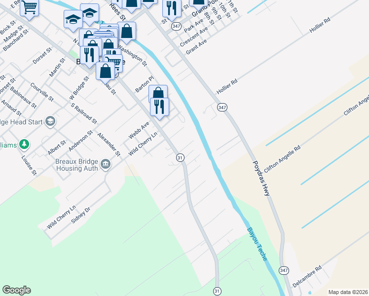 map of restaurants, bars, coffee shops, grocery stores, and more near John Breaux Drive in Breaux Bridge