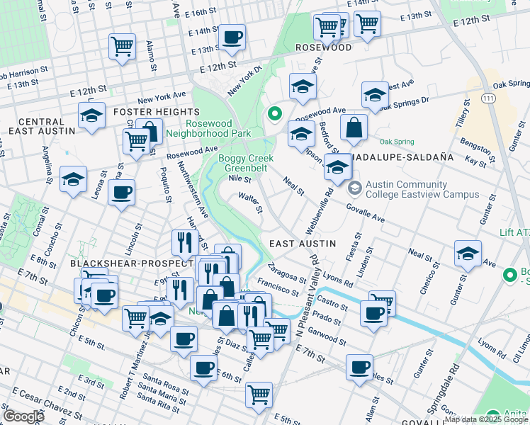 map of restaurants, bars, coffee shops, grocery stores, and more near 909 Walter Street in Austin