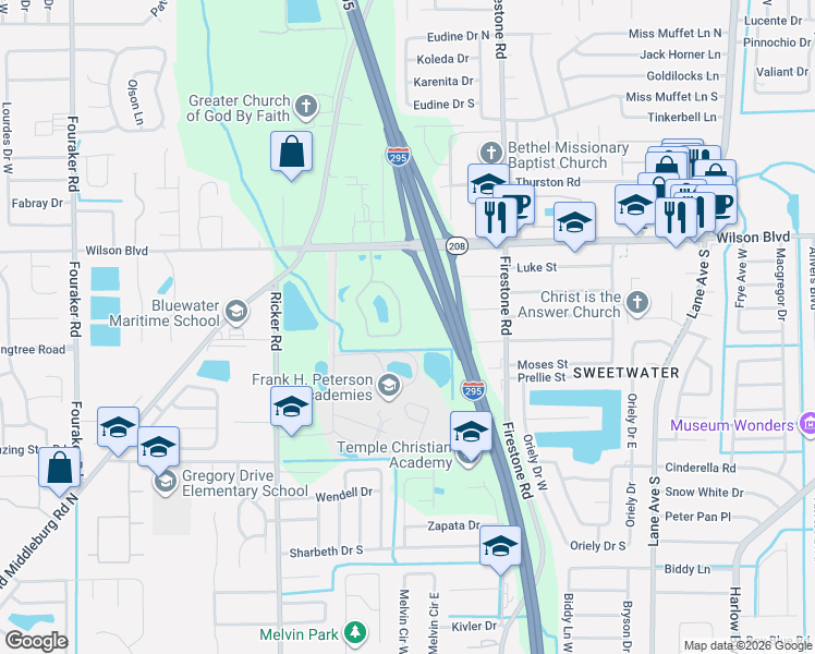 map of restaurants, bars, coffee shops, grocery stores, and more near 3700 Kirkpatrick Circle in Jacksonville