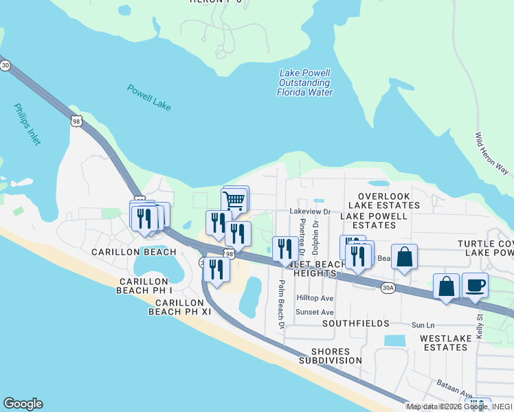map of restaurants, bars, coffee shops, grocery stores, and more near 22822 Lakeview Drive in Panama City Beach