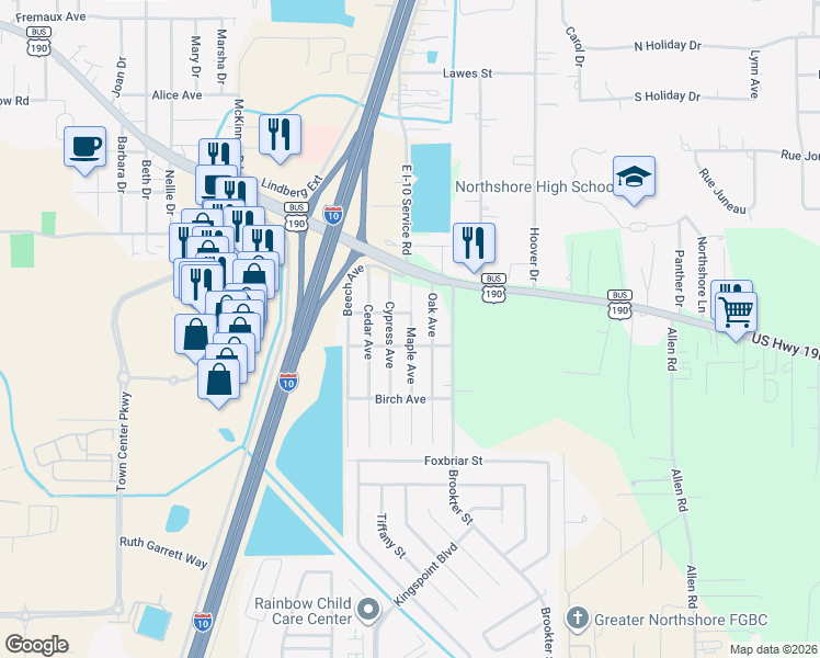 map of restaurants, bars, coffee shops, grocery stores, and more near 57418 Cypress Avenue in Slidell