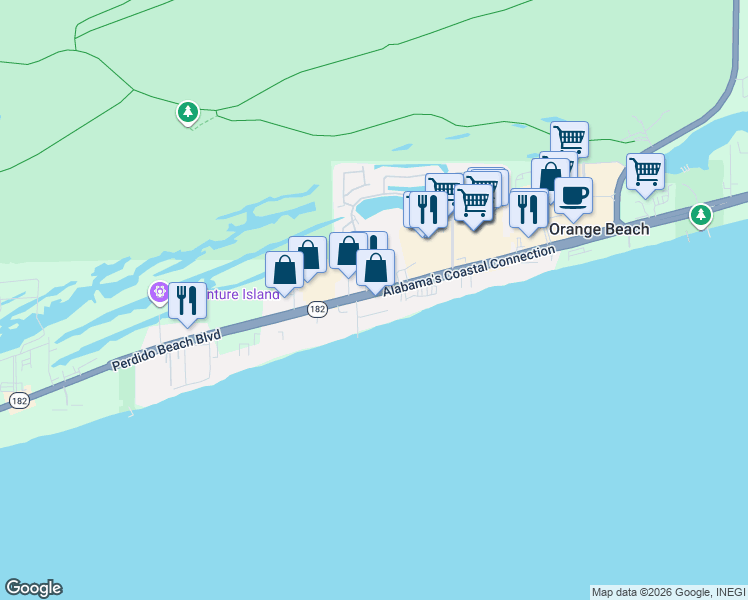 map of restaurants, bars, coffee shops, grocery stores, and more near 25042 Perdido Beach Boulevard in Orange Beach