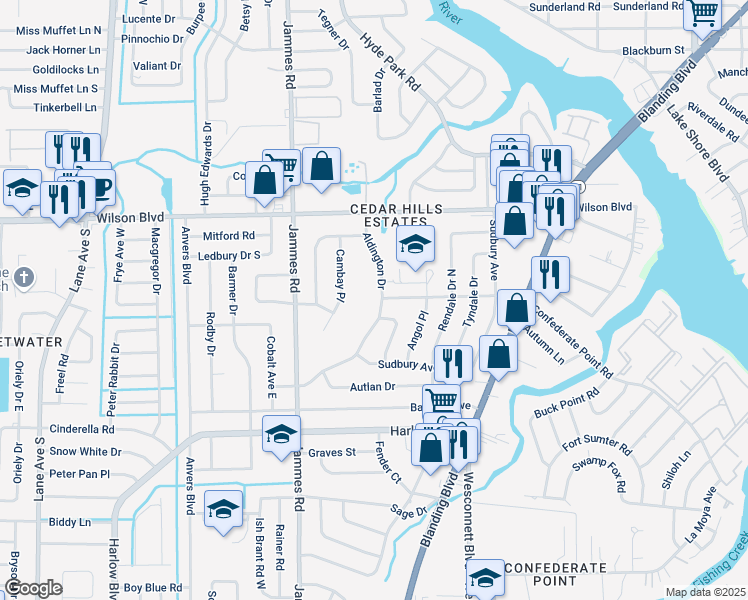 map of restaurants, bars, coffee shops, grocery stores, and more near 3902 Aldington Drive in Jacksonville