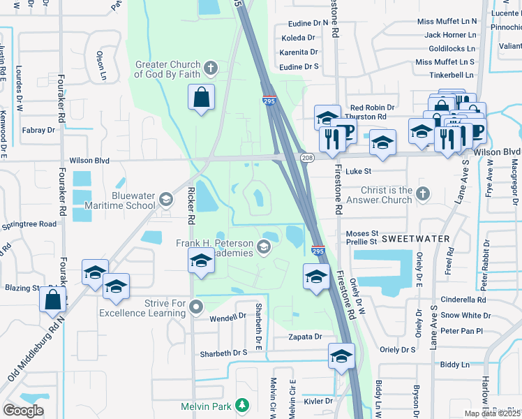 map of restaurants, bars, coffee shops, grocery stores, and more near 3671 Kirkpatrick Circle in Jacksonville