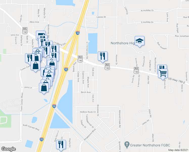 map of restaurants, bars, coffee shops, grocery stores, and more near 57426 Oak Avenue in Slidell