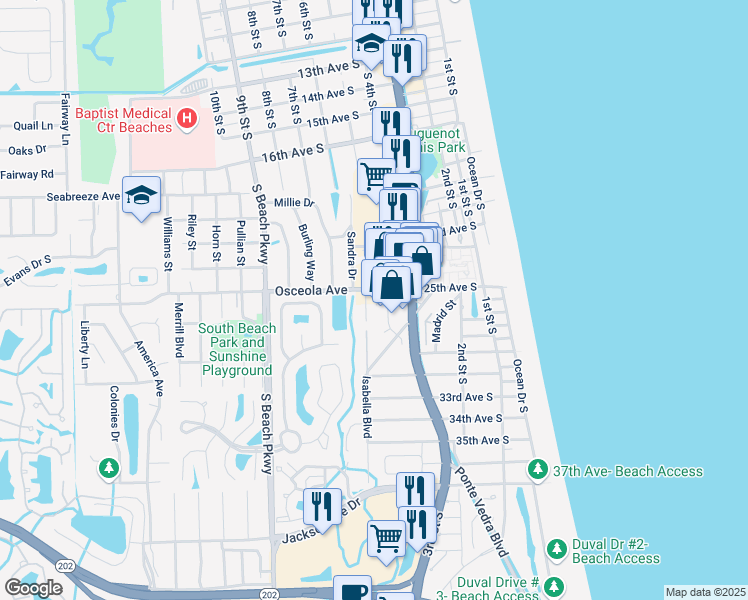 map of restaurants, bars, coffee shops, grocery stores, and more near 432 Osceola Avenue in Jacksonville Beach