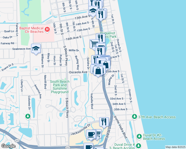map of restaurants, bars, coffee shops, grocery stores, and more near 432 Osceola Avenue in Jacksonville Beach