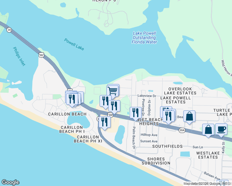 map of restaurants, bars, coffee shops, grocery stores, and more near 22822 Lakeview Drive in Panama City Beach