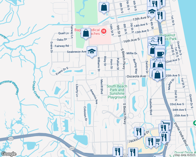 map of restaurants, bars, coffee shops, grocery stores, and more near 1300 Osceola Avenue in Jacksonville Beach