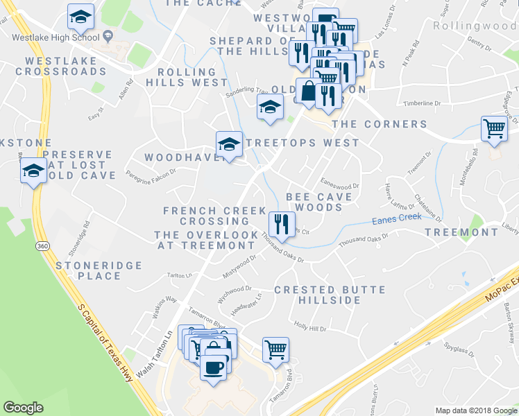 map of restaurants, bars, coffee shops, grocery stores, and more near 1506B Terrapin Court in Austin