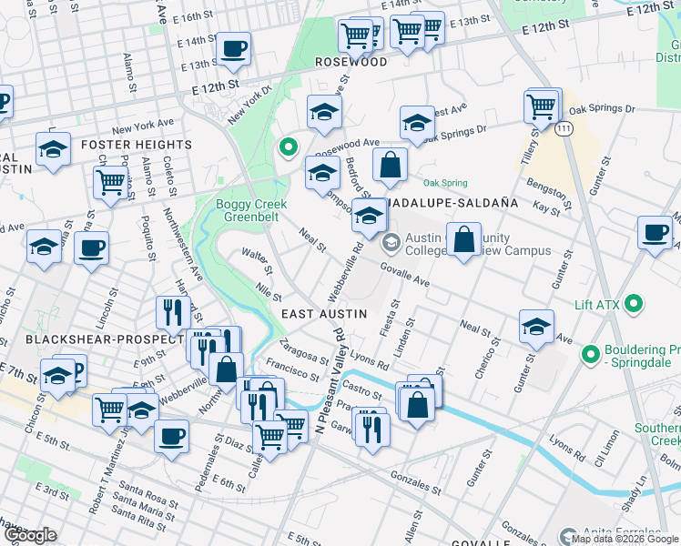 map of restaurants, bars, coffee shops, grocery stores, and more near 3010 Webberville Road in Austin