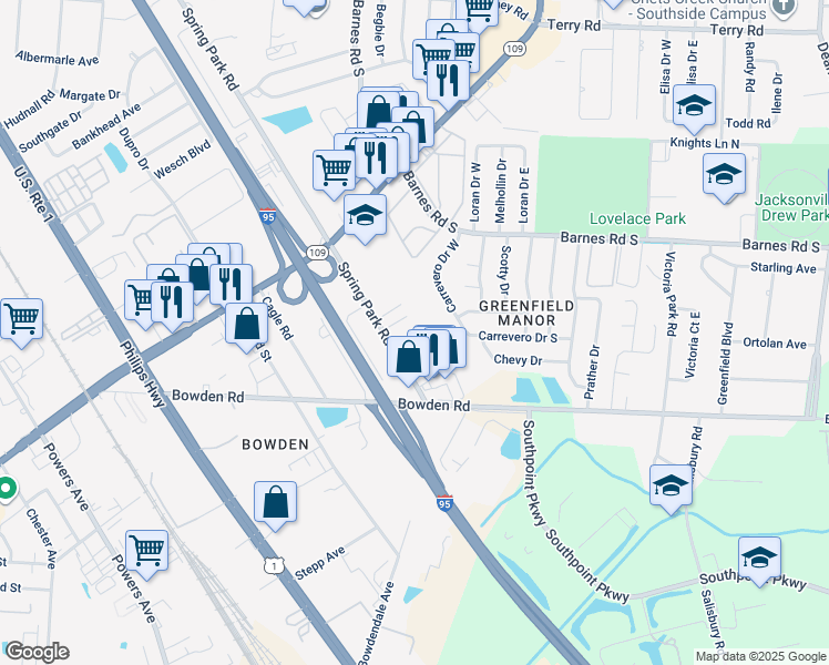 map of restaurants, bars, coffee shops, grocery stores, and more near 5725 Spring Park Road in Jacksonville