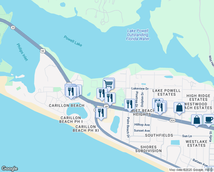 map of restaurants, bars, coffee shops, grocery stores, and more near 22822-22856 Lakeview Dr in Panama City Beach