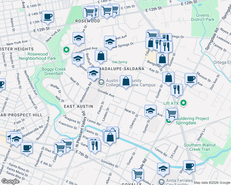 map of restaurants, bars, coffee shops, grocery stores, and more near 3000 Govalle Avenue in Austin