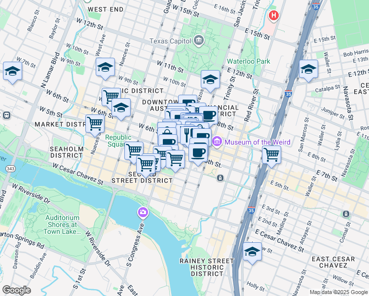 map of restaurants, bars, coffee shops, grocery stores, and more near 501 Brazos Street in Austin