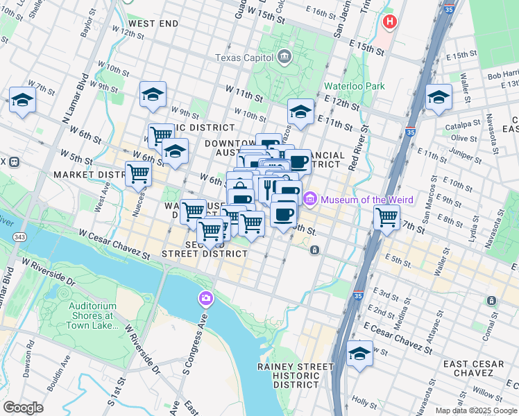 map of restaurants, bars, coffee shops, grocery stores, and more near 501 Brazos Street in Austin
