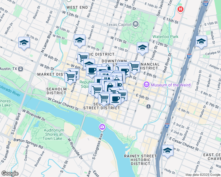 map of restaurants, bars, coffee shops, grocery stores, and more near 407 Colorado Street in Austin