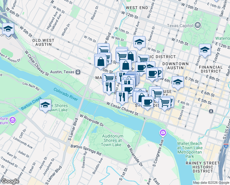 map of restaurants, bars, coffee shops, grocery stores, and more near 100 West Avenue in Austin