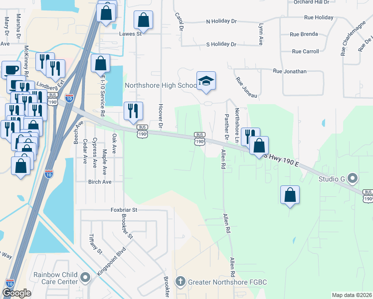 map of restaurants, bars, coffee shops, grocery stores, and more near 57417 Smith Road in Slidell