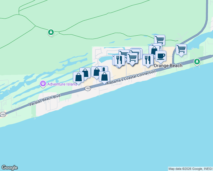 map of restaurants, bars, coffee shops, grocery stores, and more near 25134 Perdido Beach Boulevard in Orange Beach