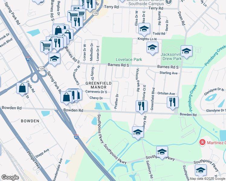 map of restaurants, bars, coffee shops, grocery stores, and more near 3255 Kegler Drive in Jacksonville