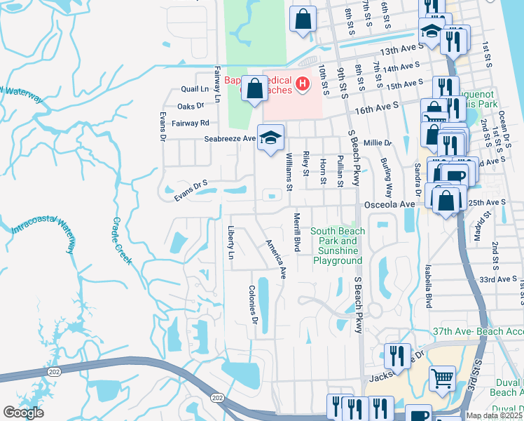 map of restaurants, bars, coffee shops, grocery stores, and more near 1405 Osceola Avenue in Jacksonville Beach