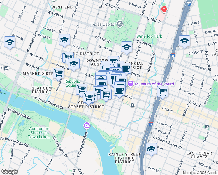 map of restaurants, bars, coffee shops, grocery stores, and more near 501 Brazos Street in Austin