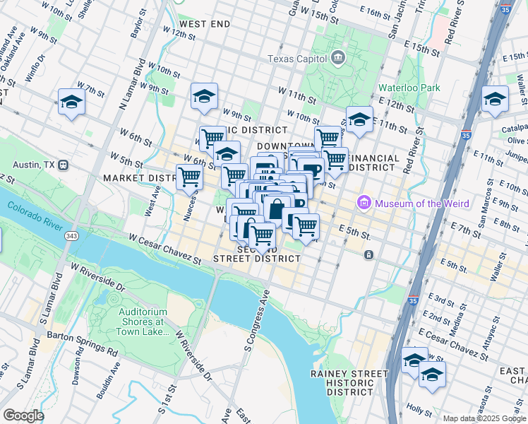 map of restaurants, bars, coffee shops, grocery stores, and more near 407 Colorado Street in Austin