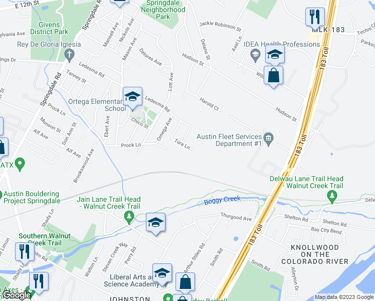 map of restaurants, bars, coffee shops, grocery stores, and more near 5707 Tura Lane in Austin