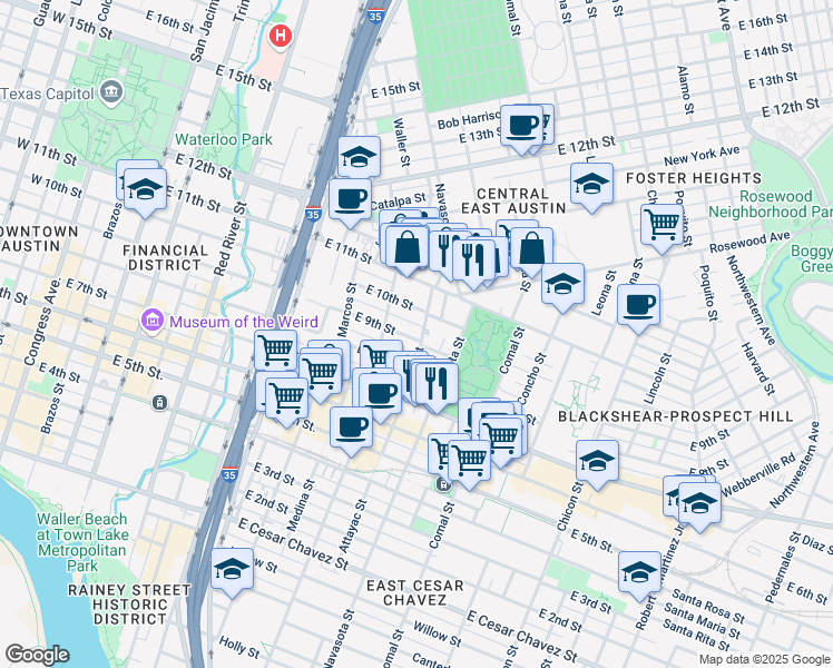 map of restaurants, bars, coffee shops, grocery stores, and more near 1206 East 9th Street in Austin
