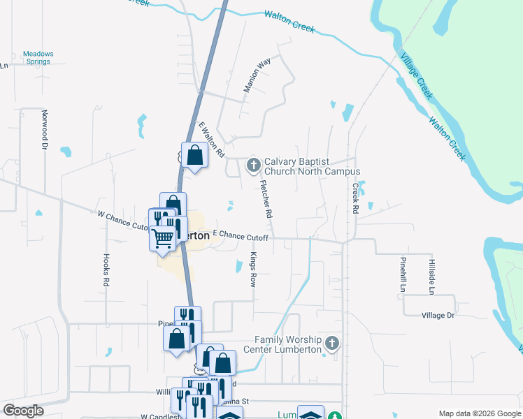 map of restaurants, bars, coffee shops, grocery stores, and more near 355 Fletcher Road in Lumberton
