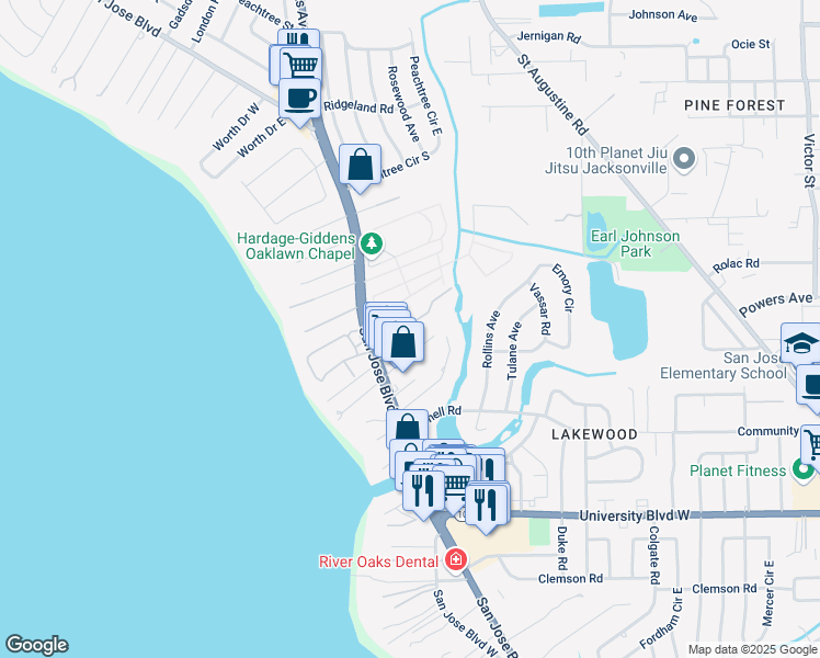 map of restaurants, bars, coffee shops, grocery stores, and more near 1564 Arcadia Drive in Jacksonville